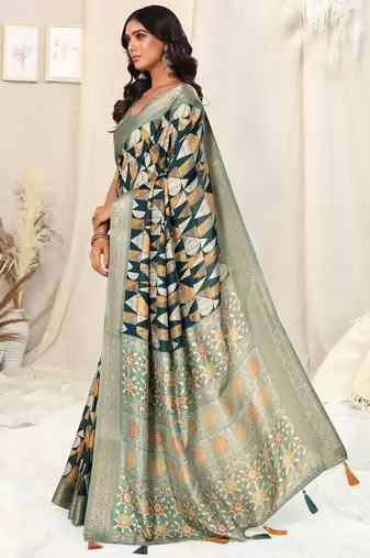 Peocock blue silk blend geometric ajrak print tassels saree with unstitched blouse piece