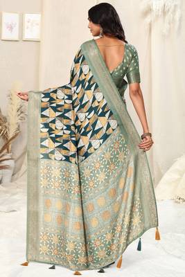 Peocock blue silk blend geometric ajrak print tassels saree with unstitched blouse piece 4