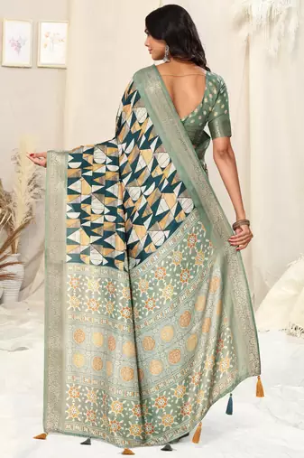 Peocock blue silk blend geometric ajrak print tassels saree with unstitched blouse piece
