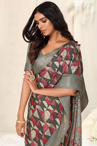 Grey Silk Blend Geometric Ajrak Print Tassels Saree With Unstitched Blouse Piece