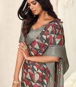 Grey Silk Blend Geometric Ajrak Print Tassels Saree With Unstitched Blouse Piece