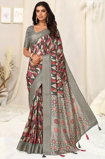 Grey Silk Blend Geometric Ajrak Print Tassels Saree With Unstitched Blouse Piece
