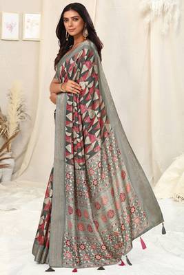Grey Silk Blend Geometric Ajrak Print Tassels Saree With Unstitched Blouse Piece 3