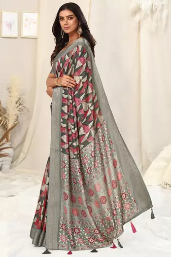 Grey Silk Blend Geometric Ajrak Print Tassels Saree With Unstitched Blouse Piece