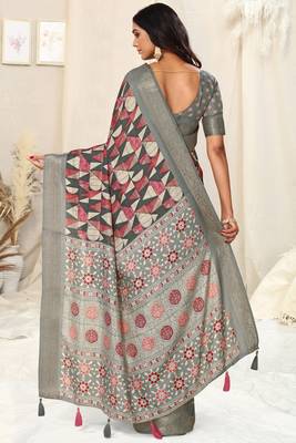 Grey Silk Blend Geometric Ajrak Print Tassels Saree With Unstitched Blouse Piece 4
