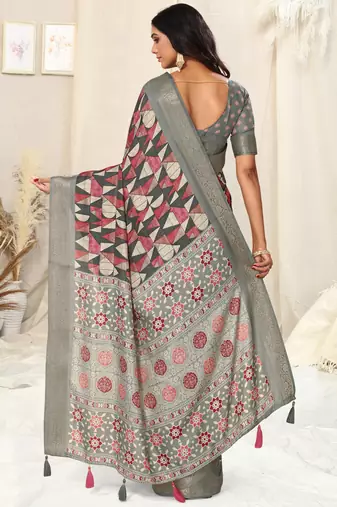 Grey Silk Blend Geometric Ajrak Print Tassels Saree With Unstitched Blouse Piece