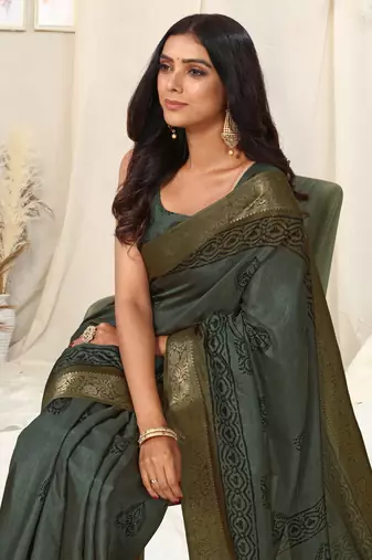 Grey silk blend block print tassels saree with unstitched blouse piece