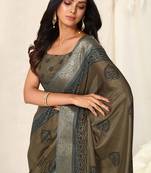 Brown silk blend block print tassels saree with unstitched blouse piece