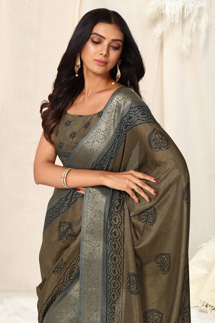 Brown silk blend block print tassels saree with unstitched blouse piece