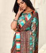 Teal Cotton Warli Print Ethnic Motif Woven Satin Border Tassels Saree With Unstitched Blouse Piece