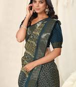 Navy Blue Cotton Chevron Ajrak Print Woven Zari Border Tassels Saree With Unstitched Blouse Piece