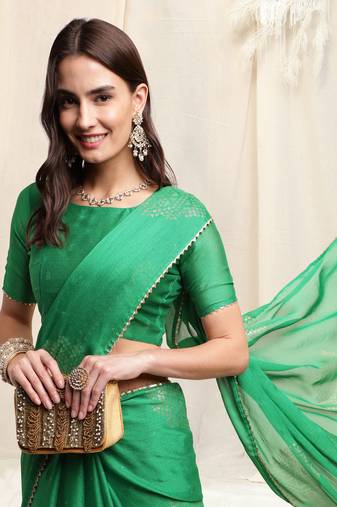 Green Chiffon Foil Print Self Print Gotta Pati Lace Border Saree With Unstitched Blouse Piece