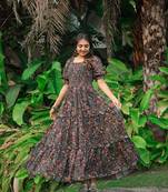 Black colour georgette fabric smart printed partywear gown for trendy girls