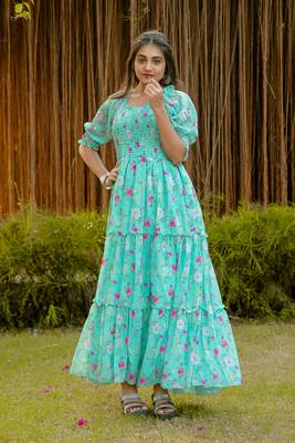 Blue colour georgette fabric smart printed partywear gown for trendy girls 1