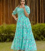 Blue colour georgette fabric smart printed partywear gown for trendy girls
