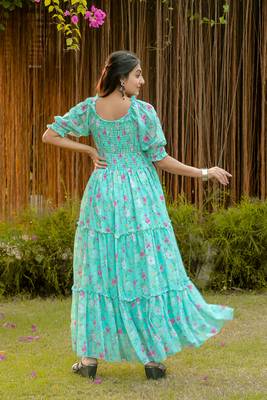 Blue colour georgette fabric smart printed partywear gown for trendy girls 3