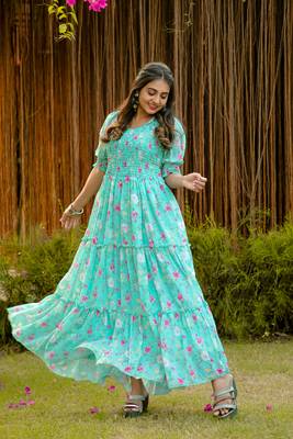 Blue colour georgette fabric smart printed partywear gown for trendy girls 5