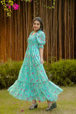 Blue colour georgette fabric smart printed partywear gown for trendy girls 6