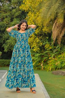 Blue colour georgette fabric smart printed partywear gown for trendy girls 1