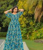 Blue colour georgette fabric smart printed partywear gown for trendy girls
