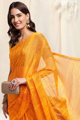 Yellow Chiffon Polka Dot Geometric Print Sequinns Lace Border Saree With Unstitched Blouse Piece 1