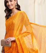 Yellow Chiffon Polka Dot Geometric Print Sequinns Lace Border Saree With Unstitched Blouse Piece