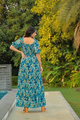 Blue colour georgette fabric smart printed partywear gown for trendy girls 3