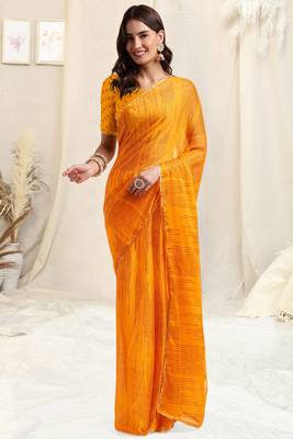 Yellow Chiffon Polka Dot Geometric Print Sequinns Lace Border Saree With Unstitched Blouse Piece 2