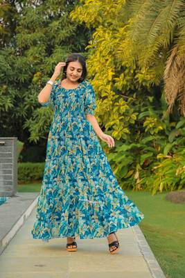 Blue colour georgette fabric smart printed partywear gown for trendy girls 4