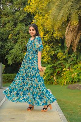 Blue colour georgette fabric smart printed partywear gown for trendy girls 5