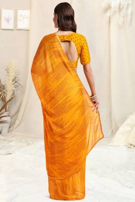 Yellow Chiffon Polka Dot Geometric Print Sequinns Lace Border Saree With Unstitched Blouse Piece 4