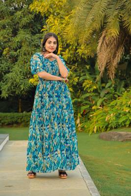 Blue colour georgette fabric smart printed partywear gown for trendy girls 6