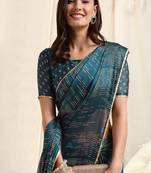 Peocock Blue Chiffon Polka Dot Geometric Print Sequinns Lace Border Saree With Unstitched Blouse Piece