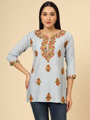 Grey colour chikankari work rayon fabric smart formal girlish looks 1