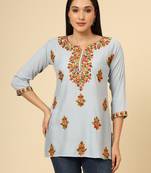 Grey colour chikankari work rayon fabric smart formal girlish looks