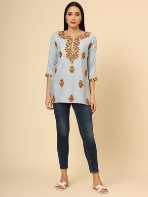 Grey colour chikankari work rayon fabric smart formal girlish looks 2