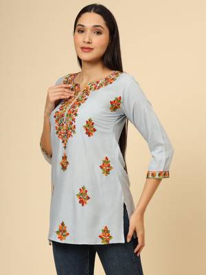 Grey colour chikankari work rayon fabric smart formal girlish looks 4