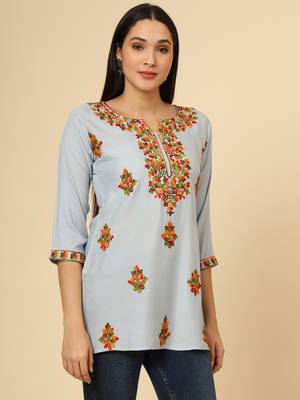 Grey colour chikankari work rayon fabric smart formal girlish looks 5