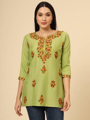 Green colour chikankari work rayon fabric smart formal girlish looks 1