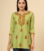 Green colour chikankari work rayon fabric smart formal girlish looks
