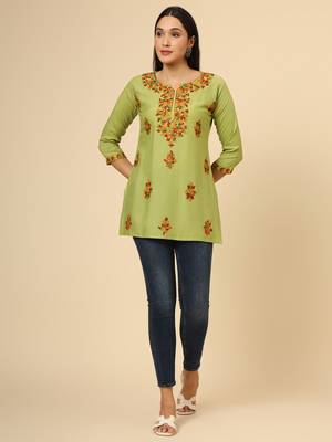 Green colour chikankari work rayon fabric smart formal girlish looks 2