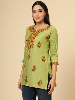 Green colour chikankari work rayon fabric smart formal girlish looks 4