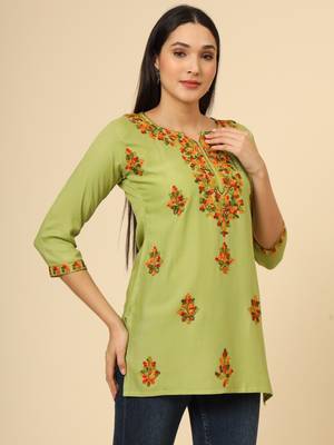 Green colour chikankari work rayon fabric smart formal girlish looks 5
