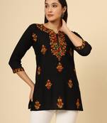 Black colour chikankari work rayon fabric smart formal girlish looks