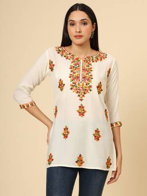 Off white colour chikankari work rayon fabric smart formal girlish looks 1