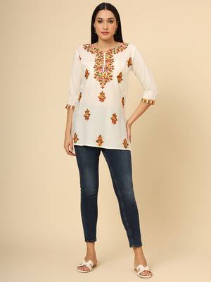 Off white colour chikankari work rayon fabric smart formal girlish looks 2