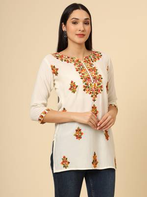 Off white colour chikankari work rayon fabric smart formal girlish looks 5