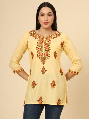 Yellow colour chikankari work rayon fabric smart formal girlish looks 1