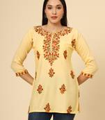 Yellow colour chikankari work rayon fabric smart formal girlish looks