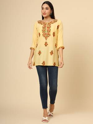 Yellow colour chikankari work rayon fabric smart formal girlish looks 2